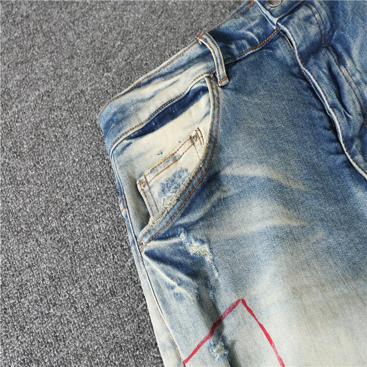 Pantalones vaqueros desgastados con agujeros para hombre, apliques para ropa, letterA, destrucción de pies pequeños, elásticos, high street,