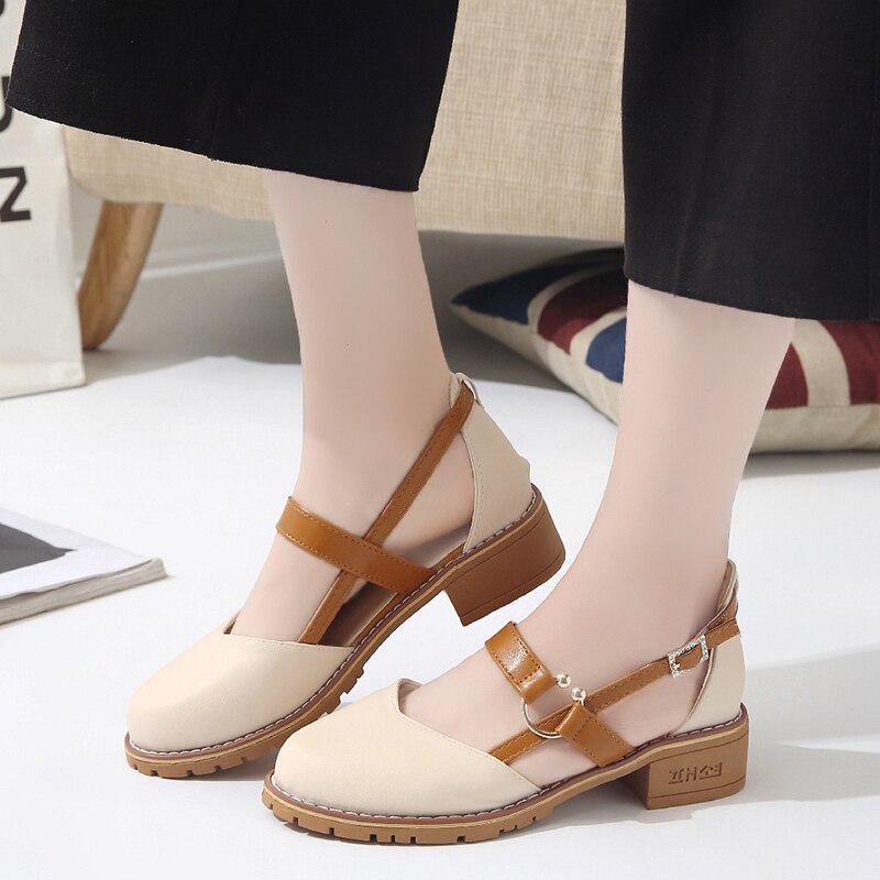 Lukket tå gladiator sandaler mellemhøj hæl fe sko kvinde retro chunky udhulet flip flop dame tøffel sommer sko
