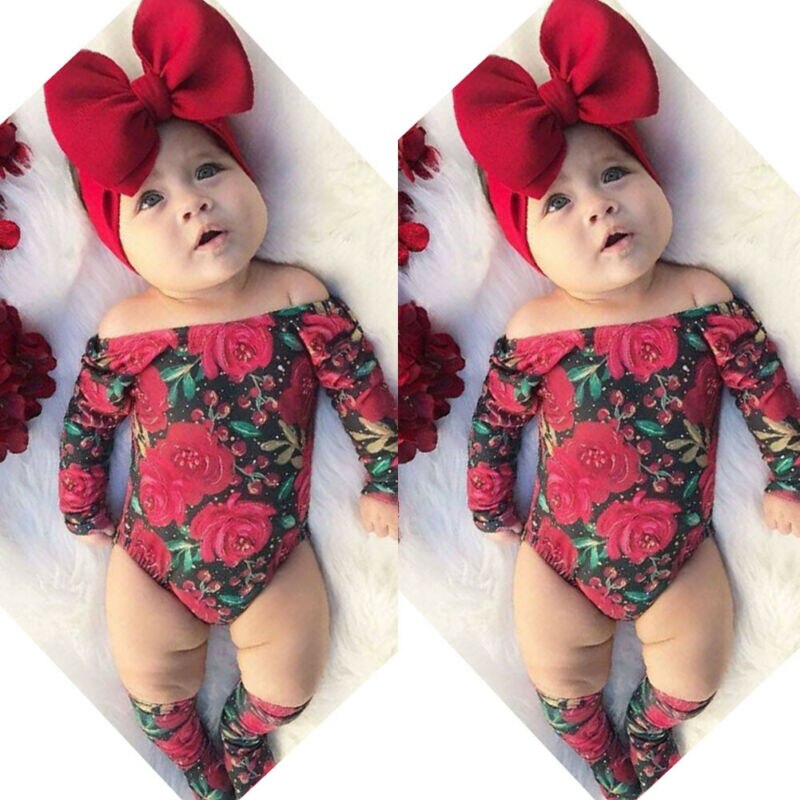 Newborn Kid Baby Girl Floral Clothes Off Shoulder Romper Socks Headband Outfit