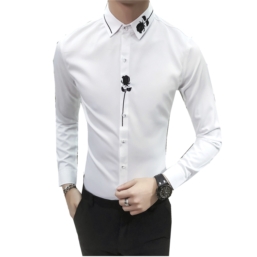 Neue Männer Langarm Bestickt Kleid Shirt Rose Dekoration Party Männer der Hemd Größe S M L XL 2XL 3XL