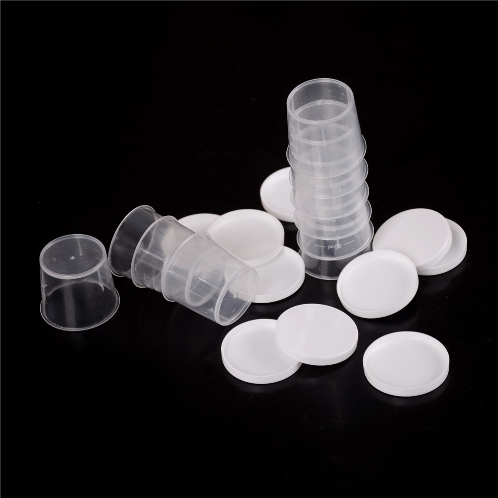 10 Stks/set 20Ml Plastic Afgestudeerd Laboratorium Lab Test Meten Container Cups Met Cap Plastic Liquid Maatbekers