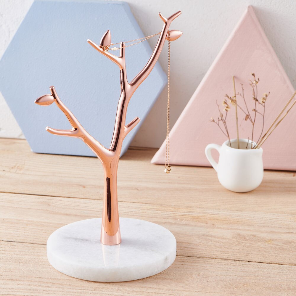 Árbol de joyería de mármol moderno, soporte de collar dorado, soporte de joyería para collares y anillos, organizador de joyas