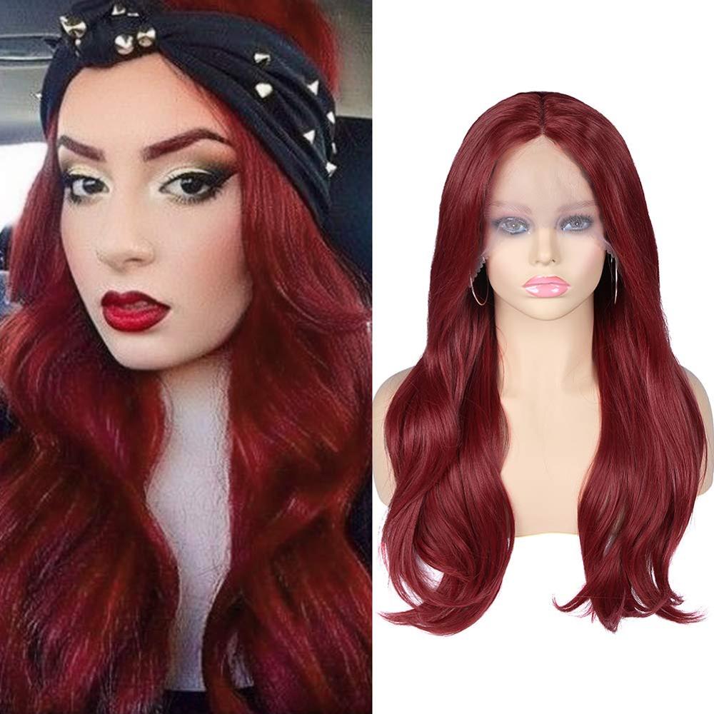 FAVE-Peluca de pelo largo ondulado para mujer, pelo sintético resistente al calor de fibra, con malla frontal, degradado, negro, marrón, Rubio, rojo, gris: Rojo