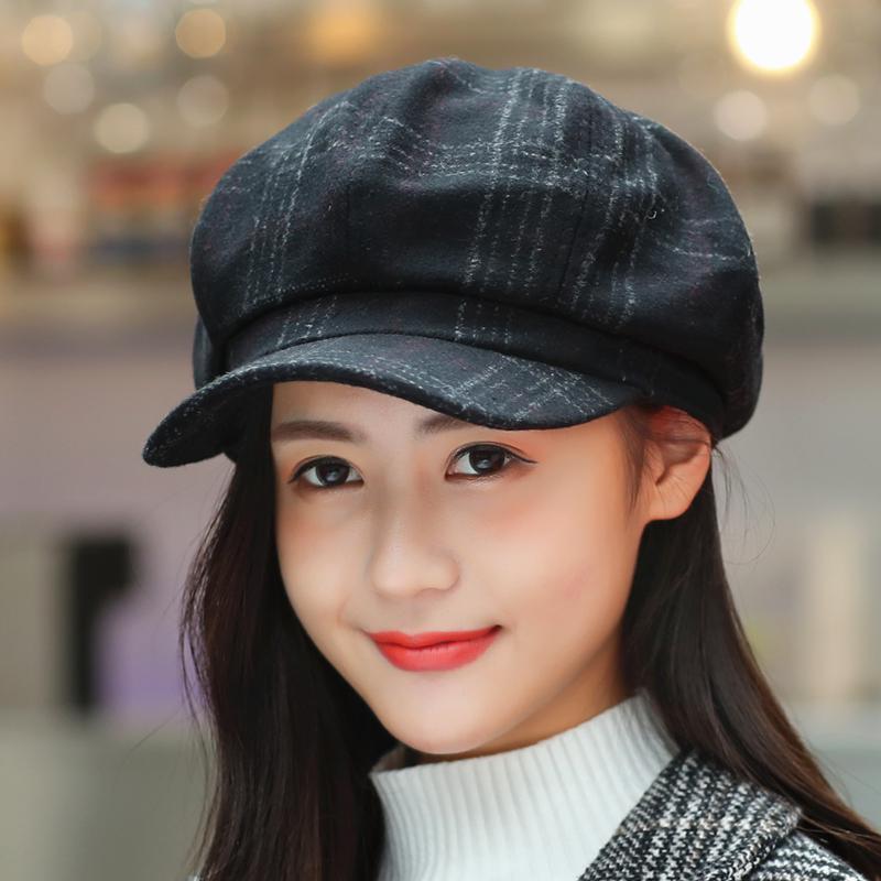 Newsboy Cap Women Autumn Winter Octagonal Caps Artist Painter Hats For Women Men Beret Peaked Cap Female Male Vintage PLaid: black