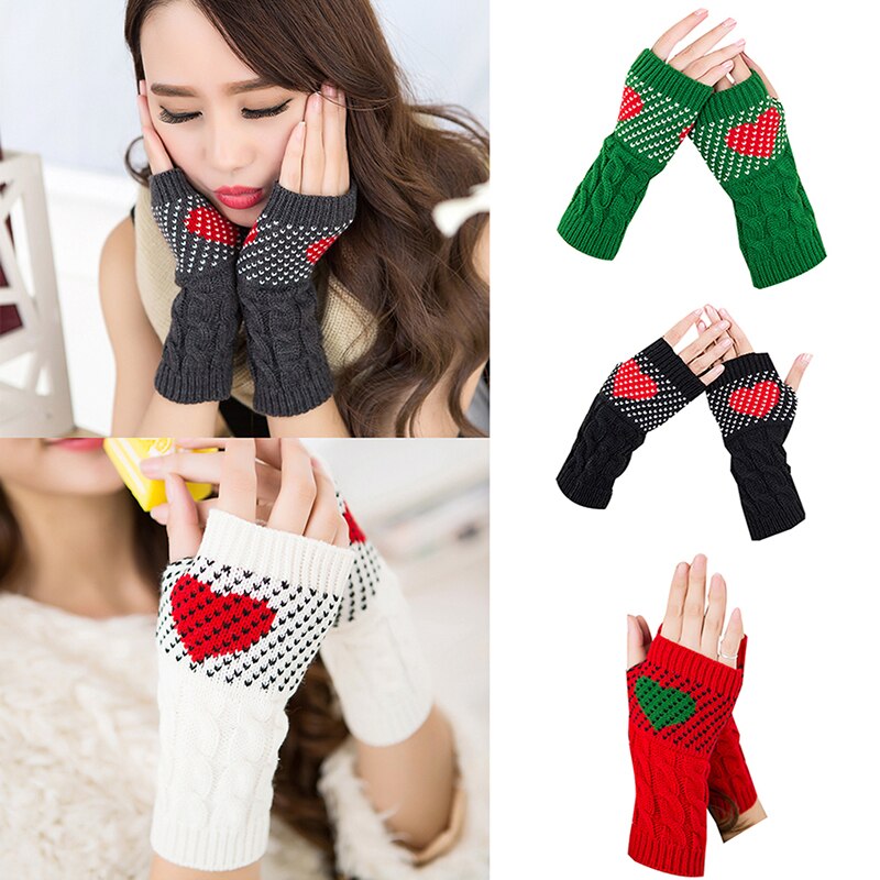 1 Pair Gloves Winter Autumn Christmas Heart Typing Gloves Women Girls Arm Wrist Warmer Sleeves Thick Knitted Mittens Gloves Pink