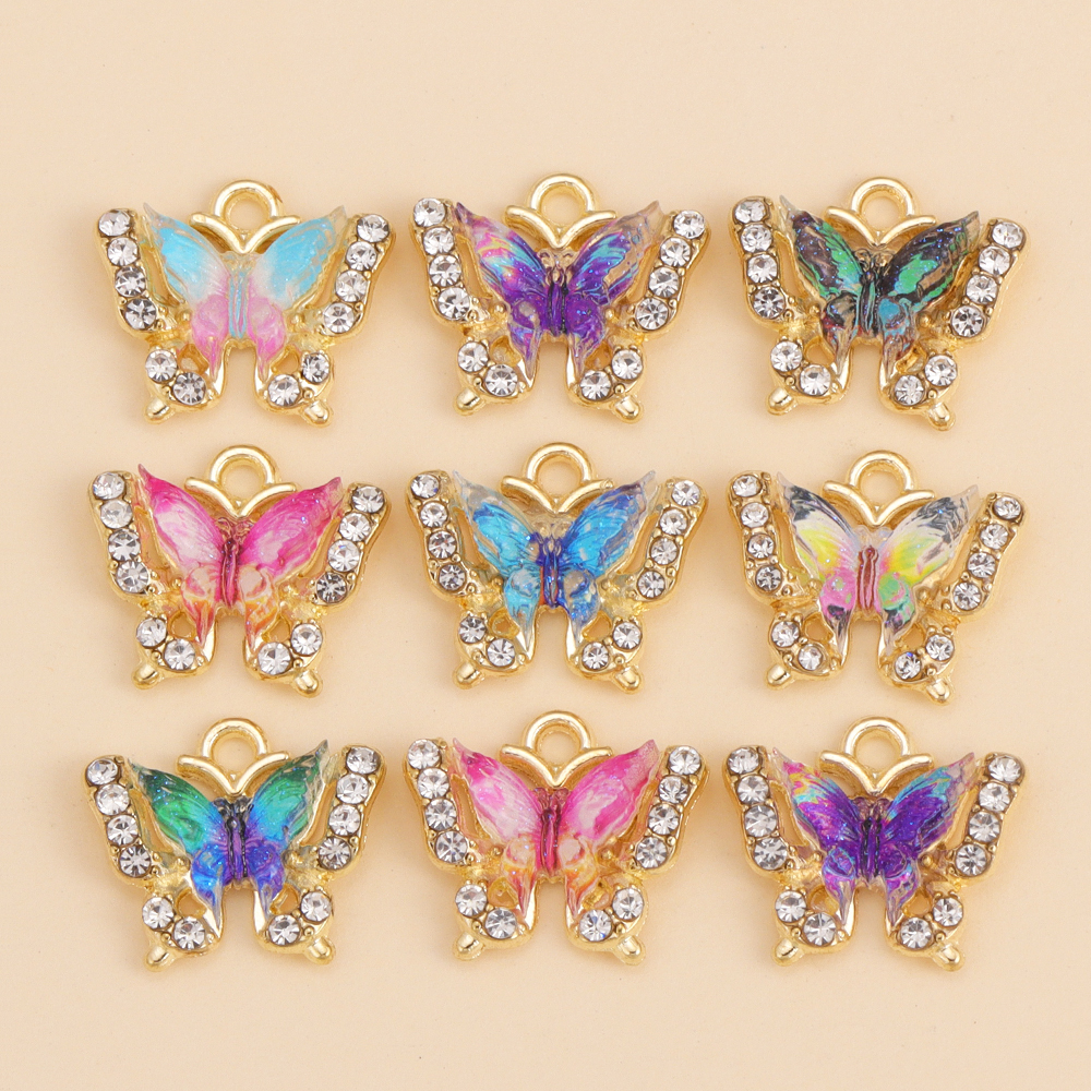 10 Uds. De abalorios de mariposa de cristal Multicolor de 11mm, colgante pequeño de cristal, manualidades, pendientes, collar, accesorios de decoración de joyería: Chapado en zinc azul