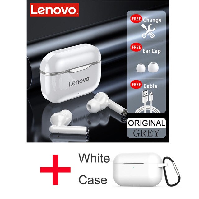 Lenovo-auriculares inalámbricos LP1 con TWS, cascos deportivos impermeables con Bluetooth 5,0, micrófono con cancelación de ruido, estéreo Dual, HIFI, bajos táctiles: grey with case
