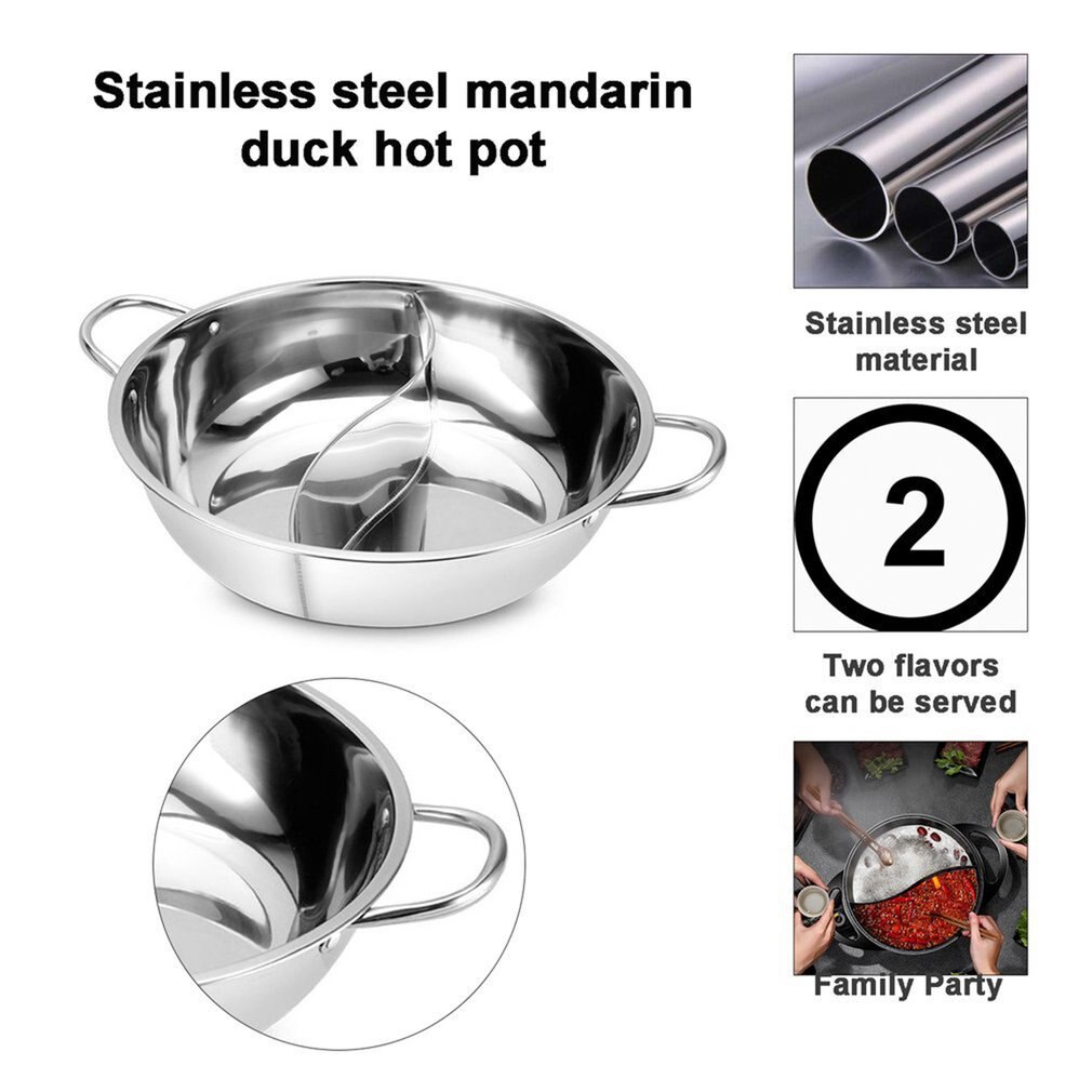 30cm Stainless Steel Pot With Divider Single-layer Thicken Soup Binaural Mandarin Duck Fondue Cooking Pot Kitchen Cookware