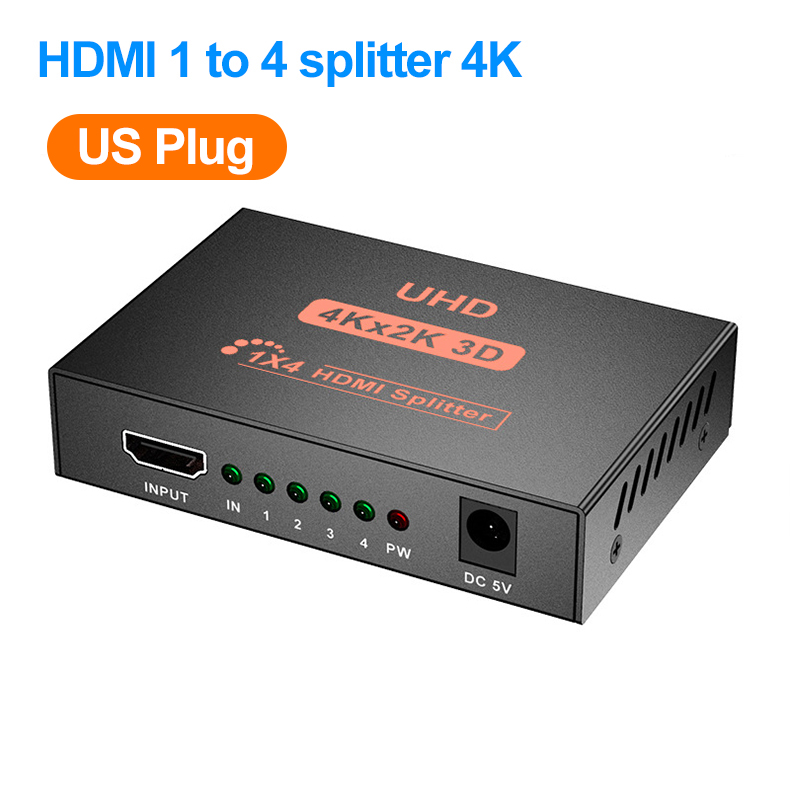 1 in 4 out HDMI Splitter 4K/2K/1080P,Video Divider, HD Video Screen Sharing Device: Gold