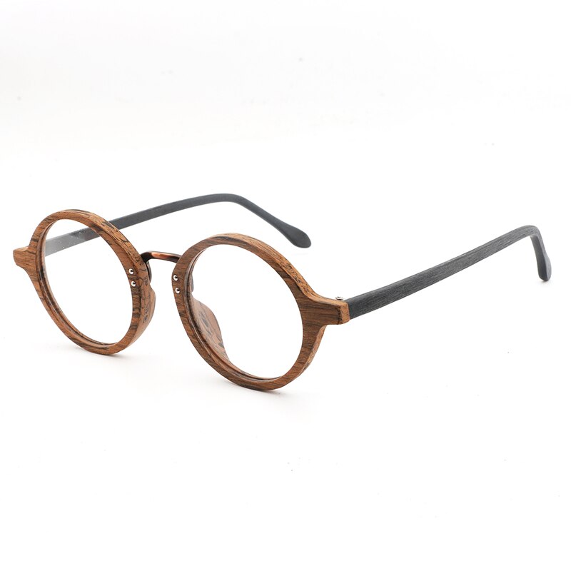 AZB Wooden Eyewear Frames Spectacle Retro Round Clear Glasses for Women Men Wood Optical Glasses Frame: brown black C90