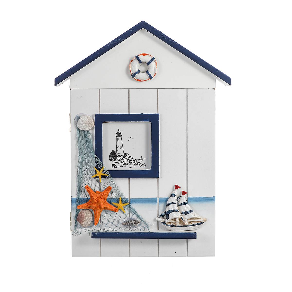 Caja para llaves con forma de casa de estilo mediterráneo de madera, organizador de pared colgante 18x5x30cm, almacenamiento y organización del hogar: A