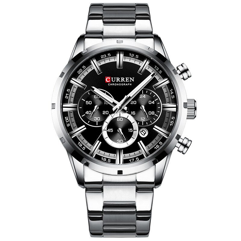 CURREN-reloj deportivo de lujo para hombres, cronógrafo de cuarzo, de pulsera, de acero completo, resistente al agua, Masculino: Silver Black