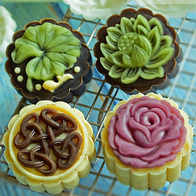 Lotus Leaf Round Moon Cake Molds 50g Hand-Pressure 4 Stamps Chinese Traditional Mooncake Molds for Mid-Autumn DIY Pastry
