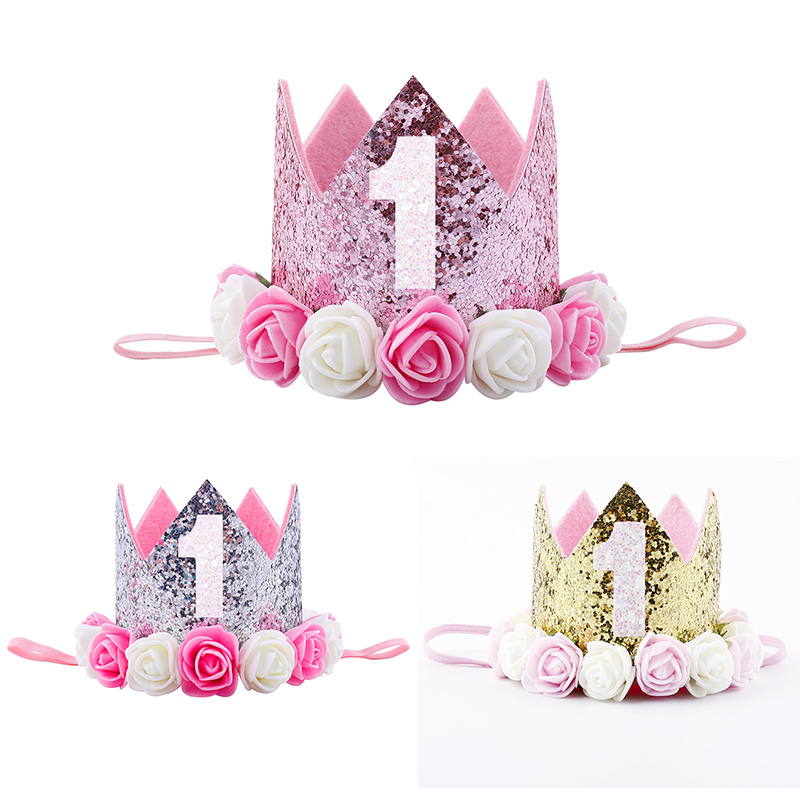 Corona de cumpleaños de 1 año de brillo, sombrero de primer cumpleaños, decoración de rosas, accesorios para espectáculo de bebés, diadema de cumpleaños, suministros para fiestas de bodas