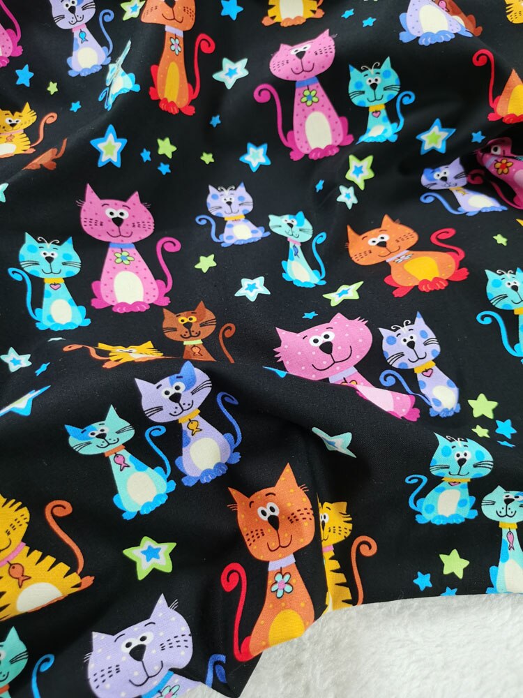 Schattige Kat Katoen Interessante Puss Menigte Regenboog Uitziende Bedrukte Stof Patchwork Home Decor Jurk Kleding Viaphil