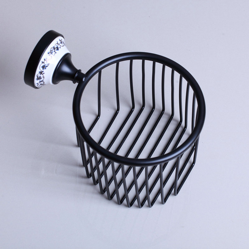 JIENI Wall Mounted Black Brass Bathroom Paper Basket Ceramic handle Bath Shower Shelf Oval Basket Holder Building Material