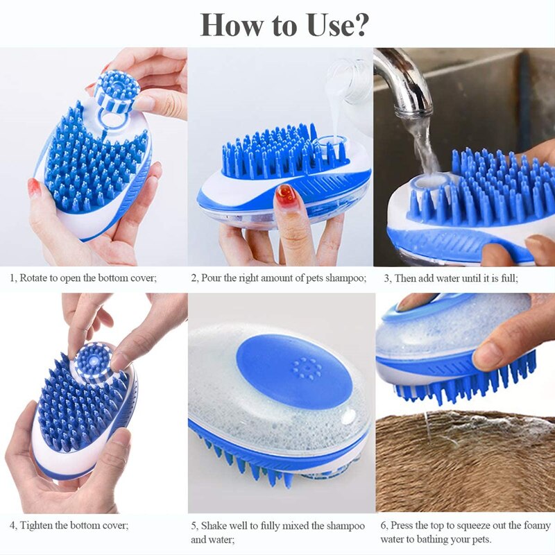 MMS 2in1 Pet Bath Massage Comb Shampoo Dispenser Shower Brush Silicone Multi Function Cleaning Grooming Cat Dog Remove Loose Fur