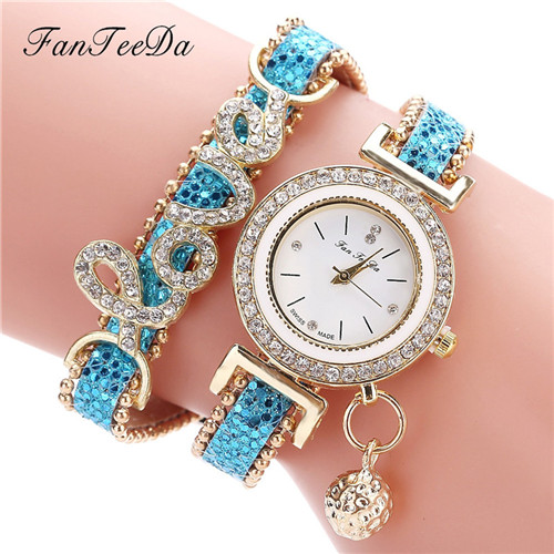 FanTeeDa Brand Luxe Vrouwen Horloge Horloges Liefde Woord Lederen Band Dames Armband Horloge Casual Quartz Horloge Klok: Blauw