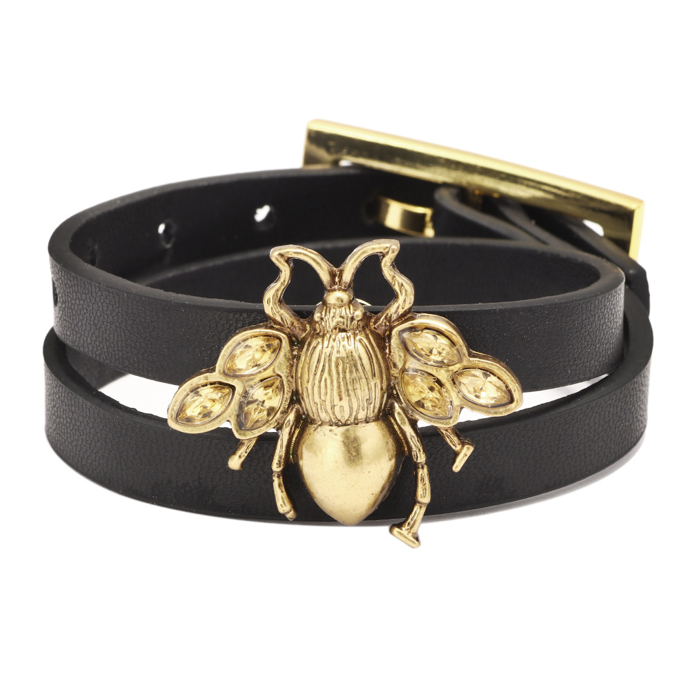 Kirykle Cute bee women bracelet Adjustable leather bracelet Charm Gold Alloy set zircon bee bracelet Femme Party Jewelry