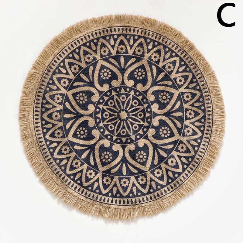 Prachtige Geweven Jute Katoen Tafel Mat Bohemian Stijl Afdrukken Placemat Ronde Voedsel Pad Dining Servies Coaster Keuken Decor: C