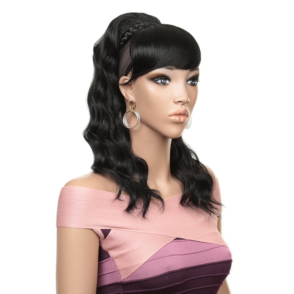16inch 160g Synthetic Ponytail With Bangs 2Combs Curly Wave Hair Rose Intranet Wine Red For Black White Women: 1B