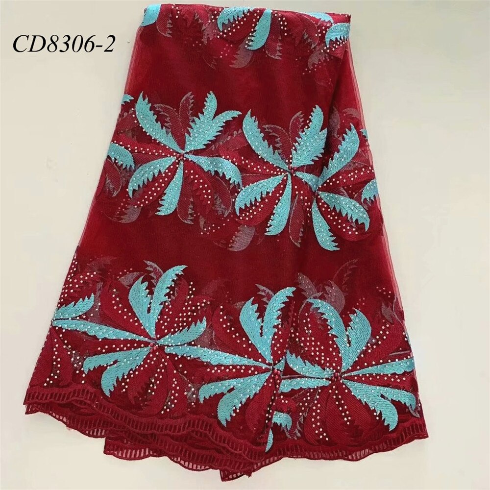 Color vino 100% poliéster guangzhou encaje bordado de estilo africano tela 5 yardas telas de encaje de Red Africana: 2