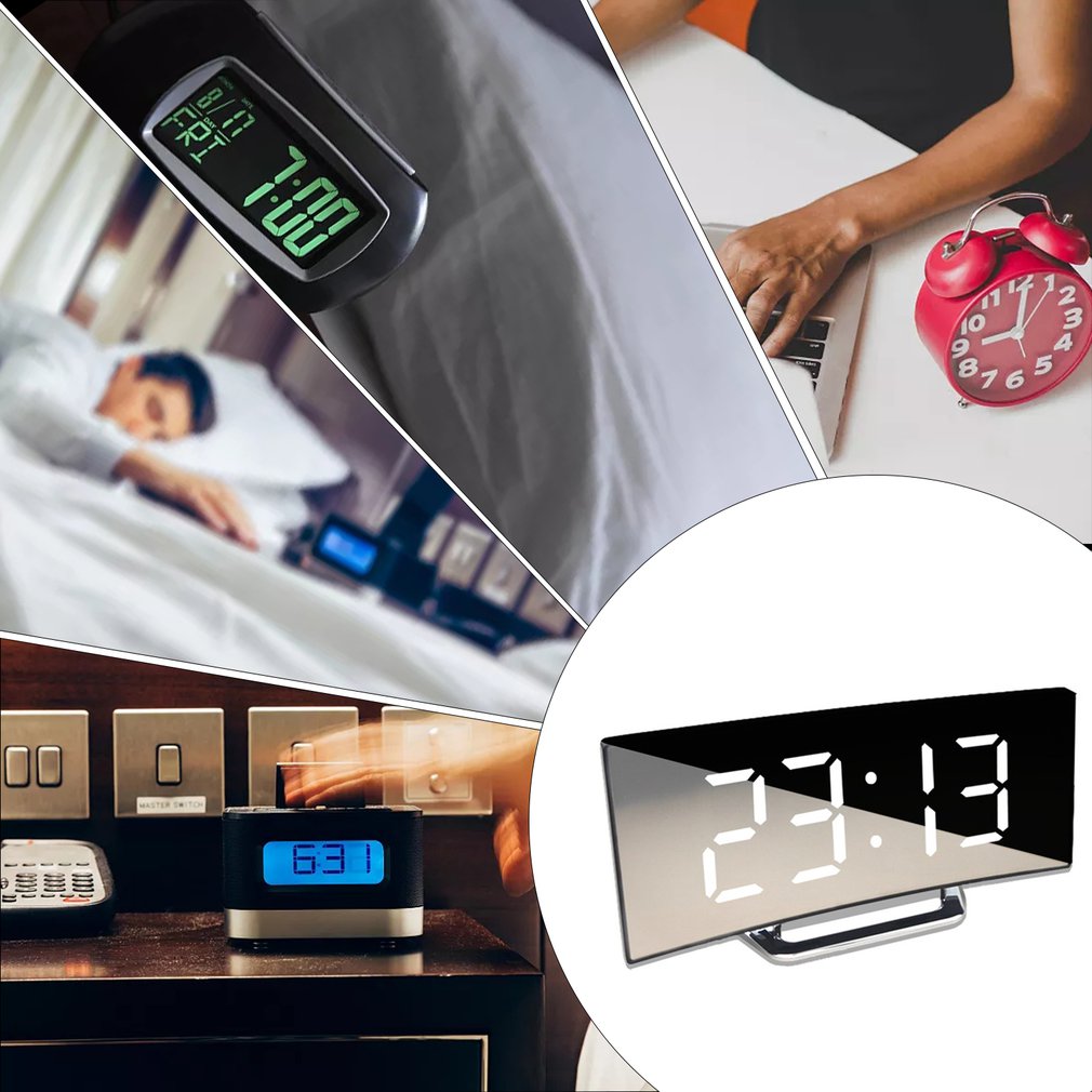 Led digitalt vækkeur skrivebord bordur buet skærm vækkeure til børn soveværelse temperatur snooze funktion boligindretning ur