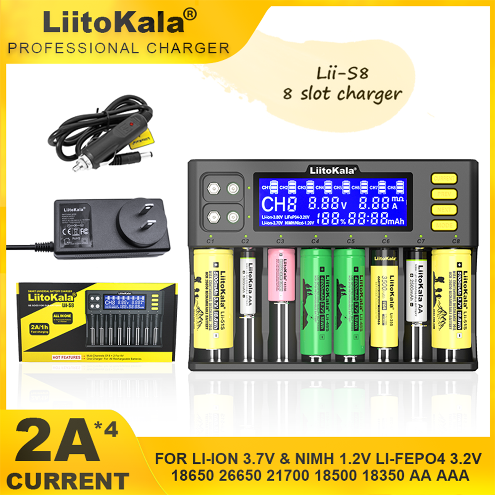 Liitokala lii -s8 s12 akkulaturi 9v li-ion 3.7v nimh 1.2v li-fepo 4 3.2v 3.8v 18650 26650 21700 26700 16340 18350 aa aaa: Vihreä