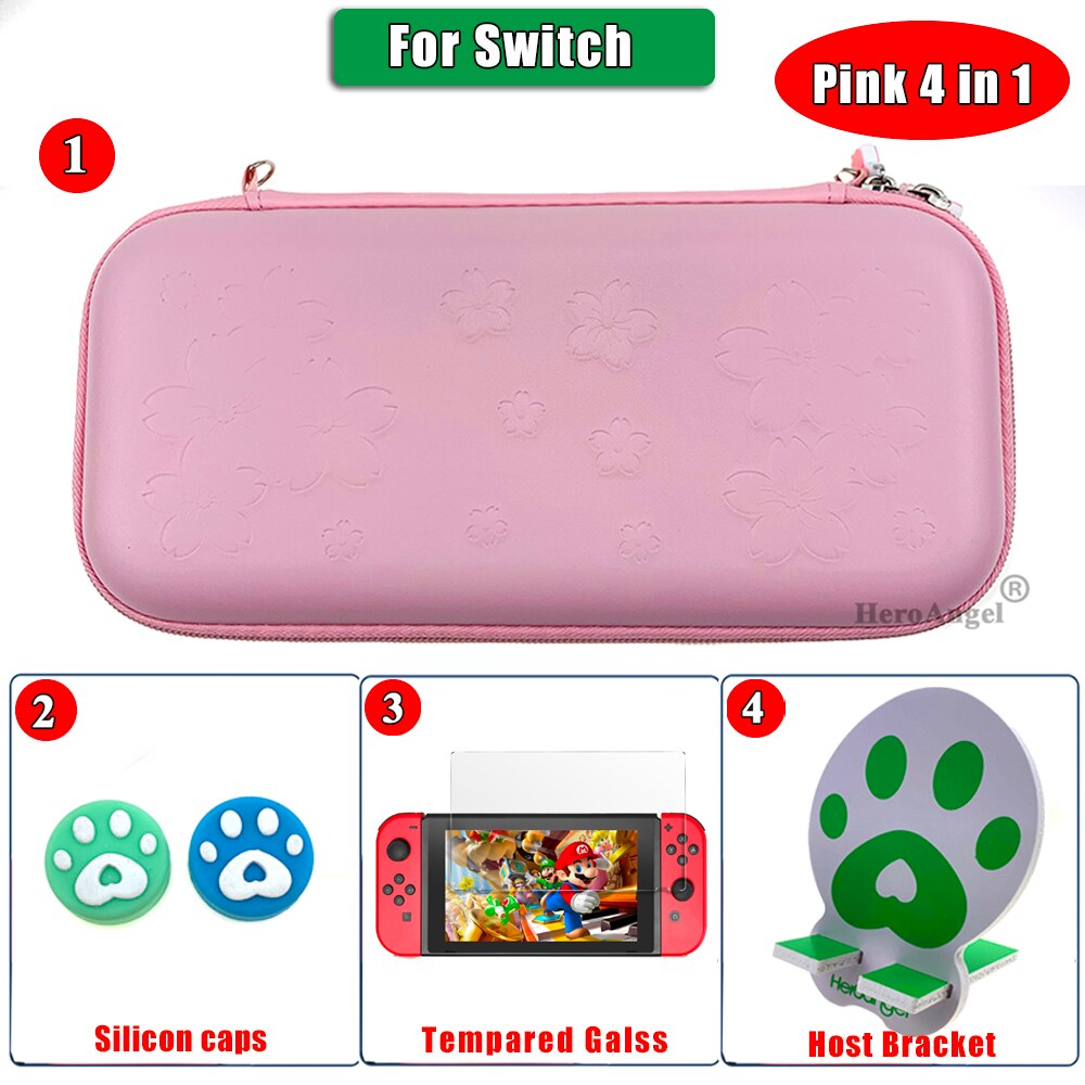 Cute Pink For Nintend Switch Protective Case Animal Crossing Console Storage Bag for Nintendo Switch Lite Accessories Thumb Grip: Switch Pink  4IN1 A