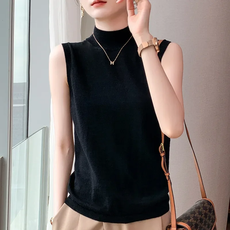 Kamgarn ren ull dame høst og vinter halvhøy krage kort slank passe innvendig basegenser ermeløs Vest dame: Xl / Svart