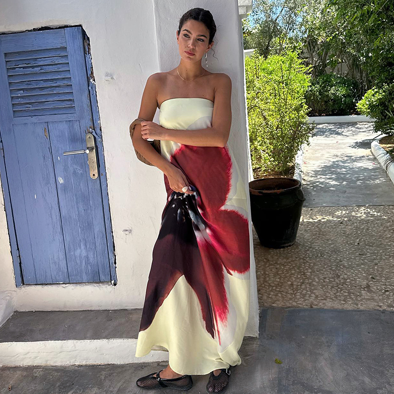 CUTENOVA Sexy Strapless Print Bloemenriem Dames Maxi Jurk Geel Backless Hoge Taille Jurken Zomervakantie Elegante Strandkleding