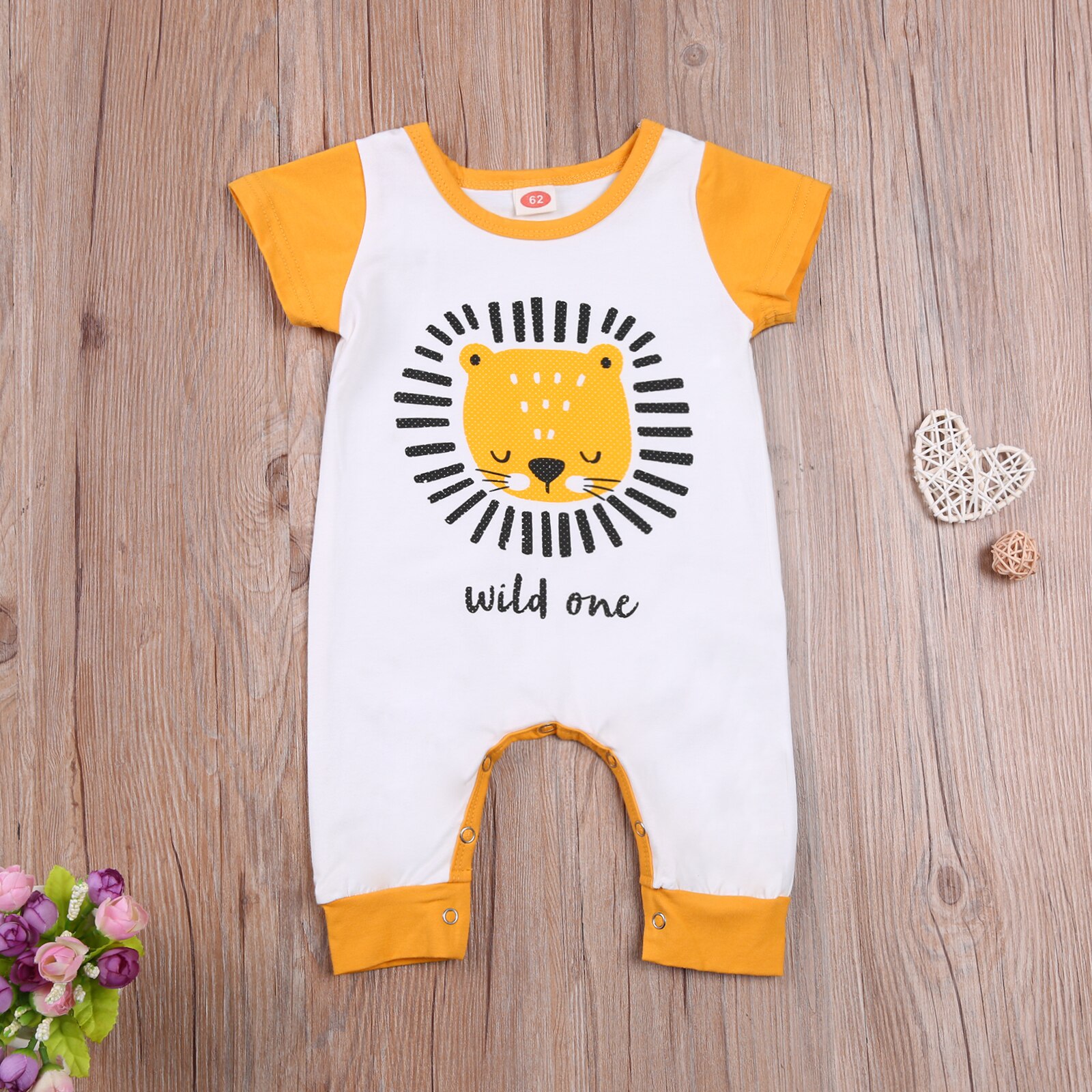 Baby Baby Jongen Meisje Romper Peuter Geel Leeuw Patroon Korte Mouw Kruis Knop Crew Hals Kledingstuk