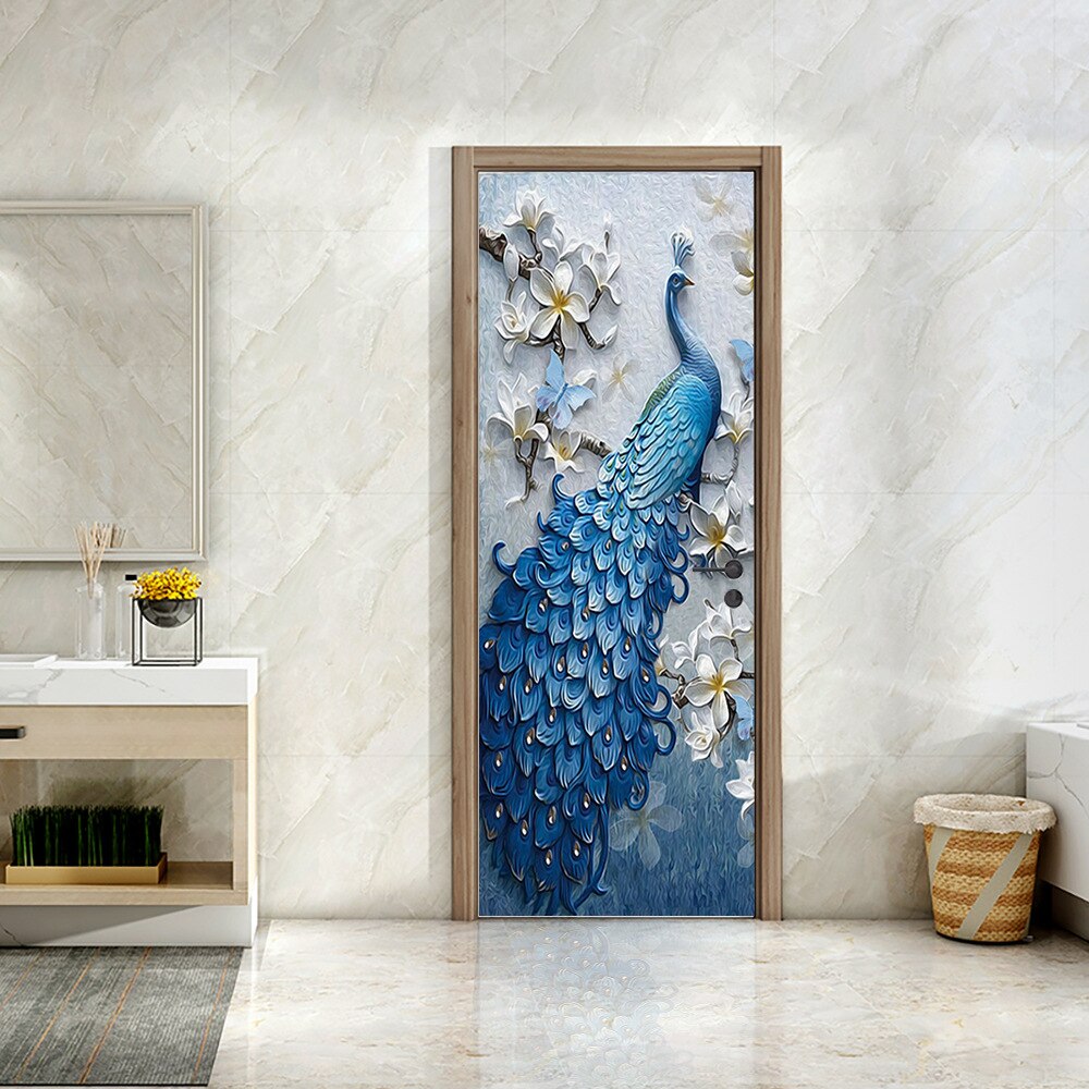 Blue Peacock Pattern Door Sticker 3D Wall Sticker Bedroom Study Bathroom Door Mural Vinyl Poster Decorative