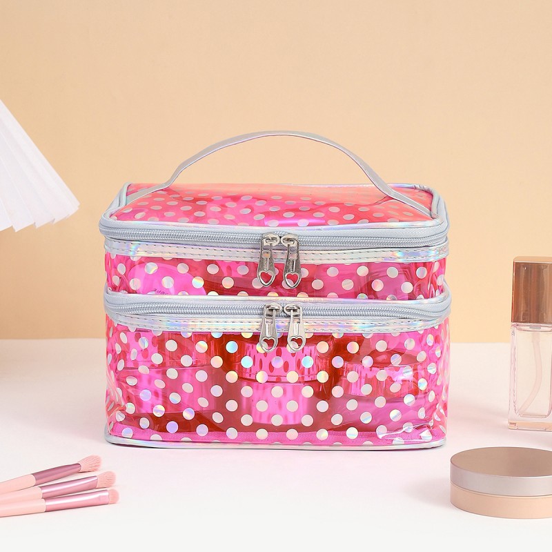 Polka dot transparent PVC double layer makeup bag Multi-functional portable waterproof makeup case large capacity travel storage: Red