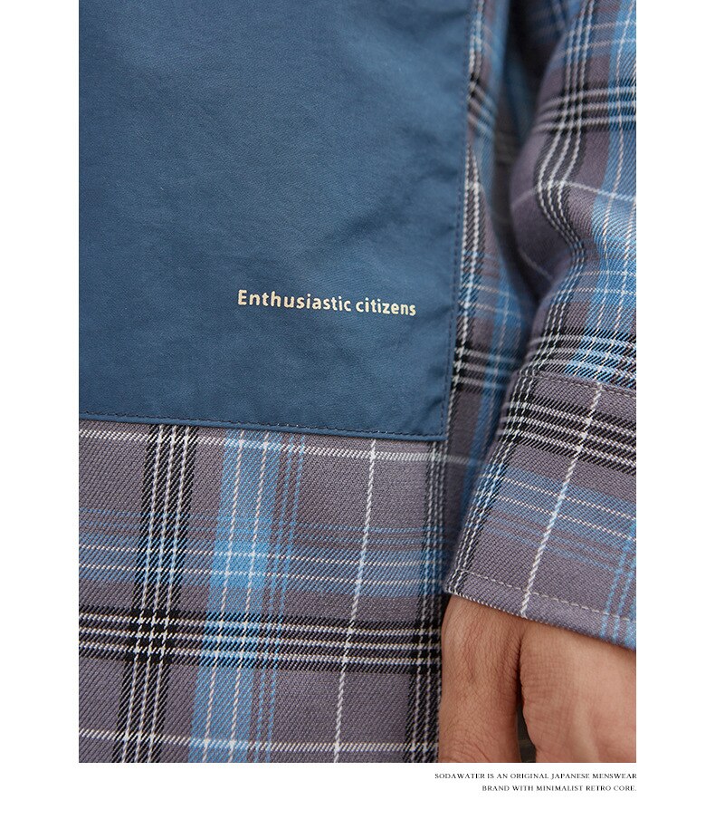 Spring Style Japanese Personality Contrast Pocket Stitching Plaid Couple Loose Shirt for Men and Women