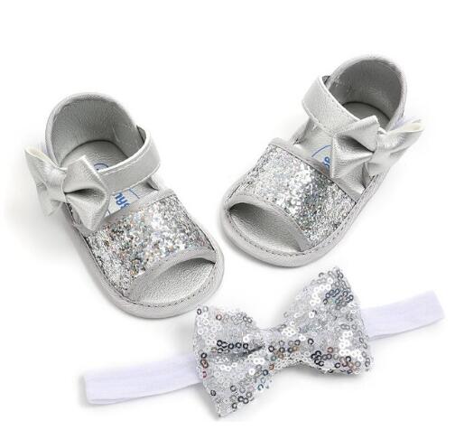 Verão praia princesa estilo meninas sapatos de bebê crianças bling couro do plutônio bonito arco sola macia sandálias casuais e bandana: silver / 3