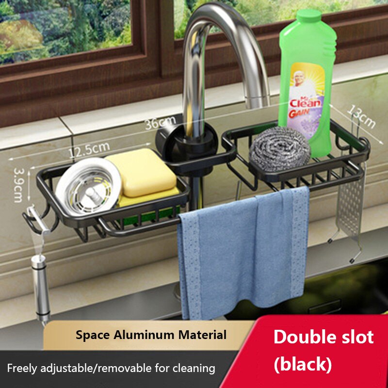 Kitchen Accessory Aluminu Dish Drainer For Sink Rack Storage Holder Soap Dish Drain Shelf Kitchen Organizer Bathroom Accessories: black square rod 2