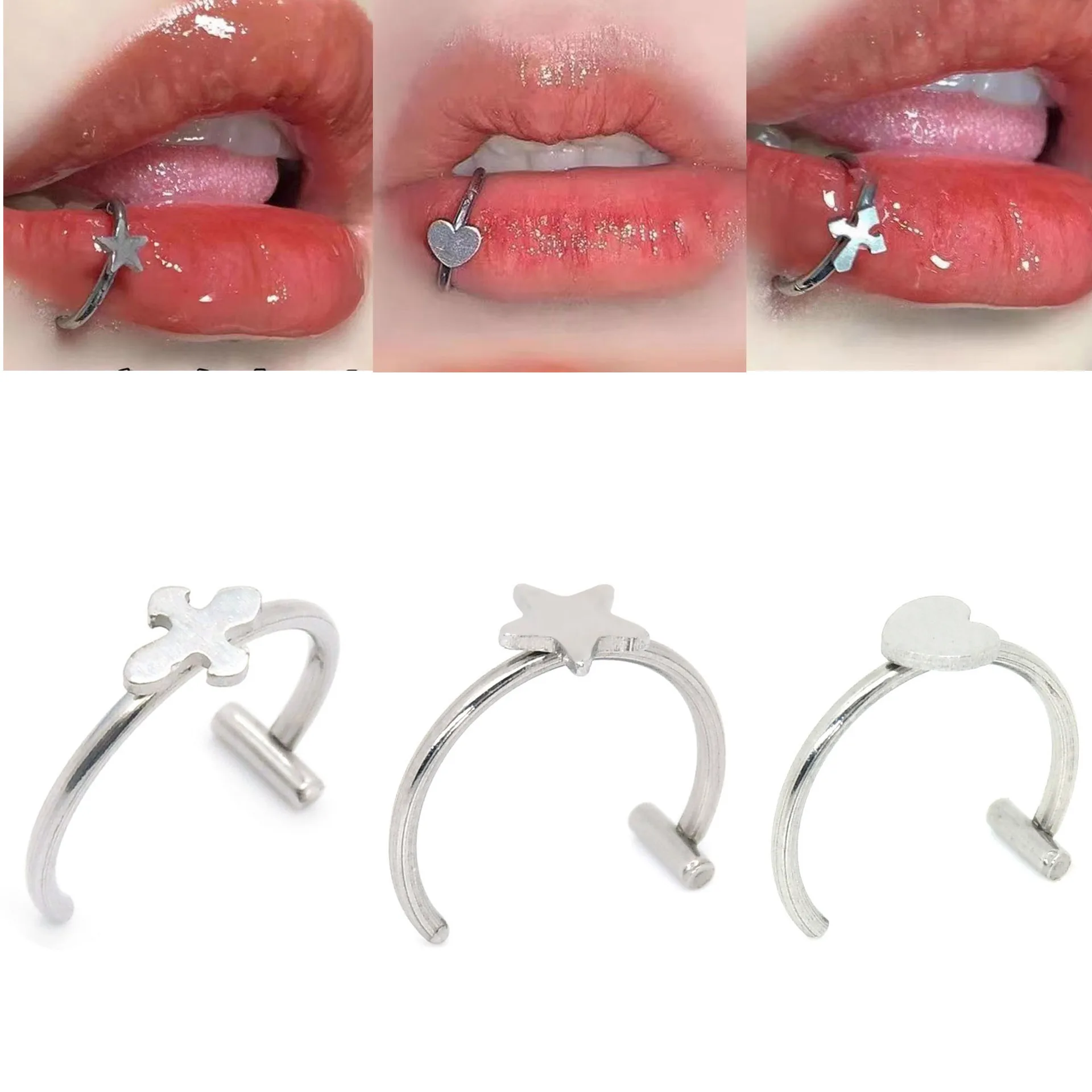Anillo de labio de acero inoxidable con bisagras para morder las estrellas, Piercing para la nariz, pendientes picantes para chica, corazón, Labret Vertical, joyería para el cuerpo