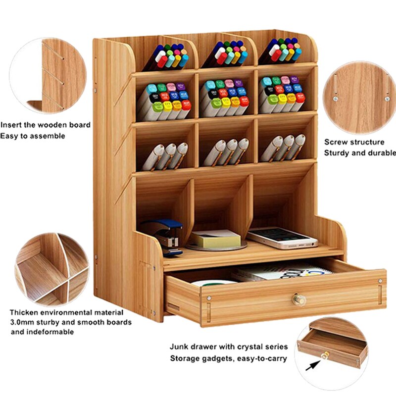 Wooden Pen Holder Desk Organizer Multi-Function Office Pencil Case Large Capacity Pencil Organizer Desk Storage Box