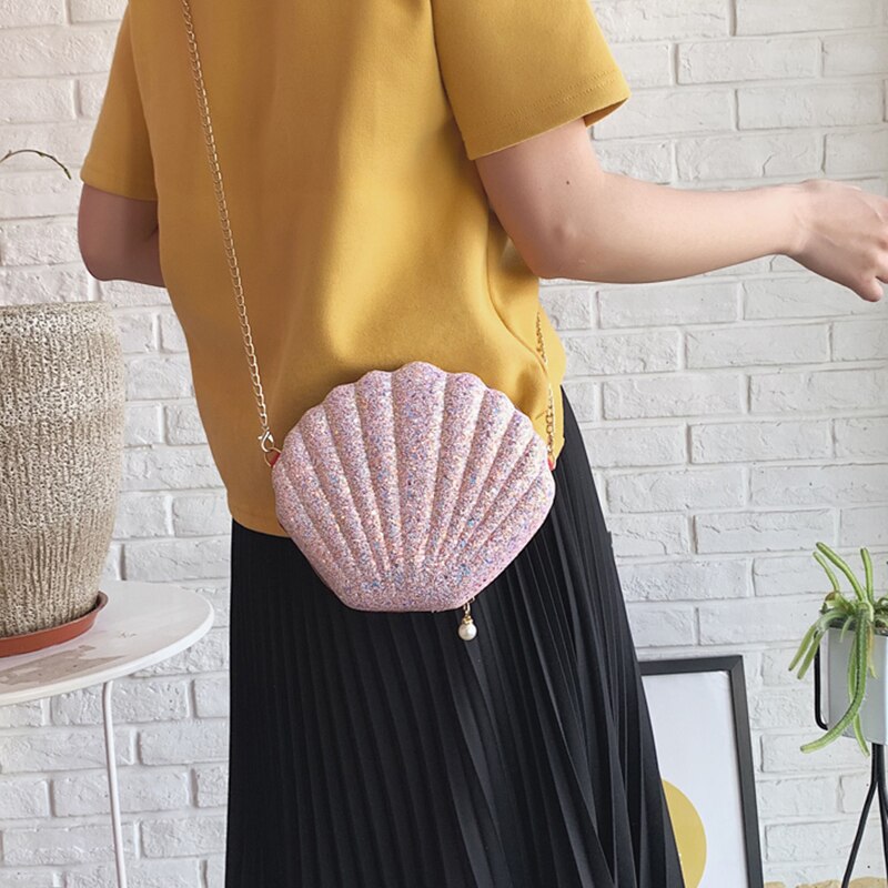 Women Girls Little Mermaid Seashell Purse Cross-Body Shoulder Bags Glitter Sequins Chain Evening Purse