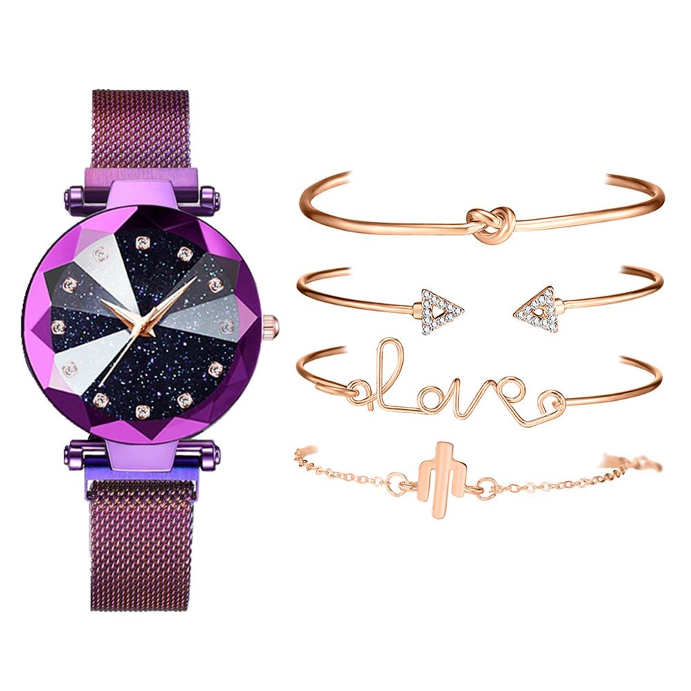 Set de 5 uds de relojes de pulsera de lujo para mujer con de cielo estrellado y rosa dorado con imán y hebilla, reloj de pulsera de , reloj sencillo para mujer: Morado