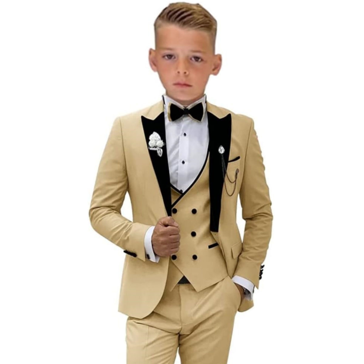 Ensemble de smoking bordeaux pour garçon, tenue pour mariage, blazer et pantalon en glaçage, tenue pour shooting photo pour enfants, ensemble de 3 pièces: Beige / 6T