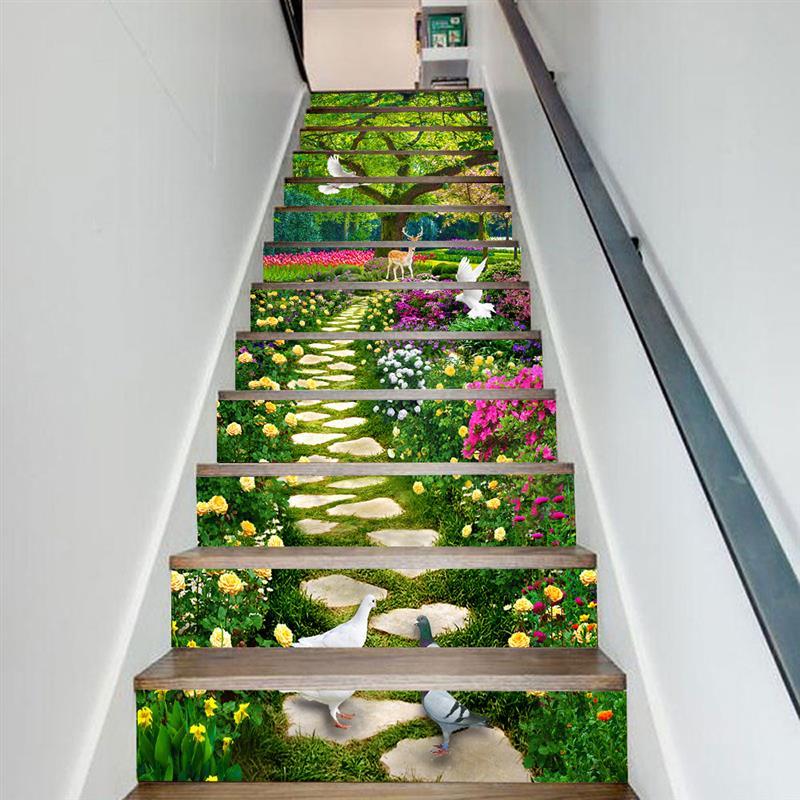 13pcs/set 3D Staircase Stair Riser Floor Sticker Stair Sticker Waterproof Self-adhesive PVC Staircase Sticker For Stairway Decor