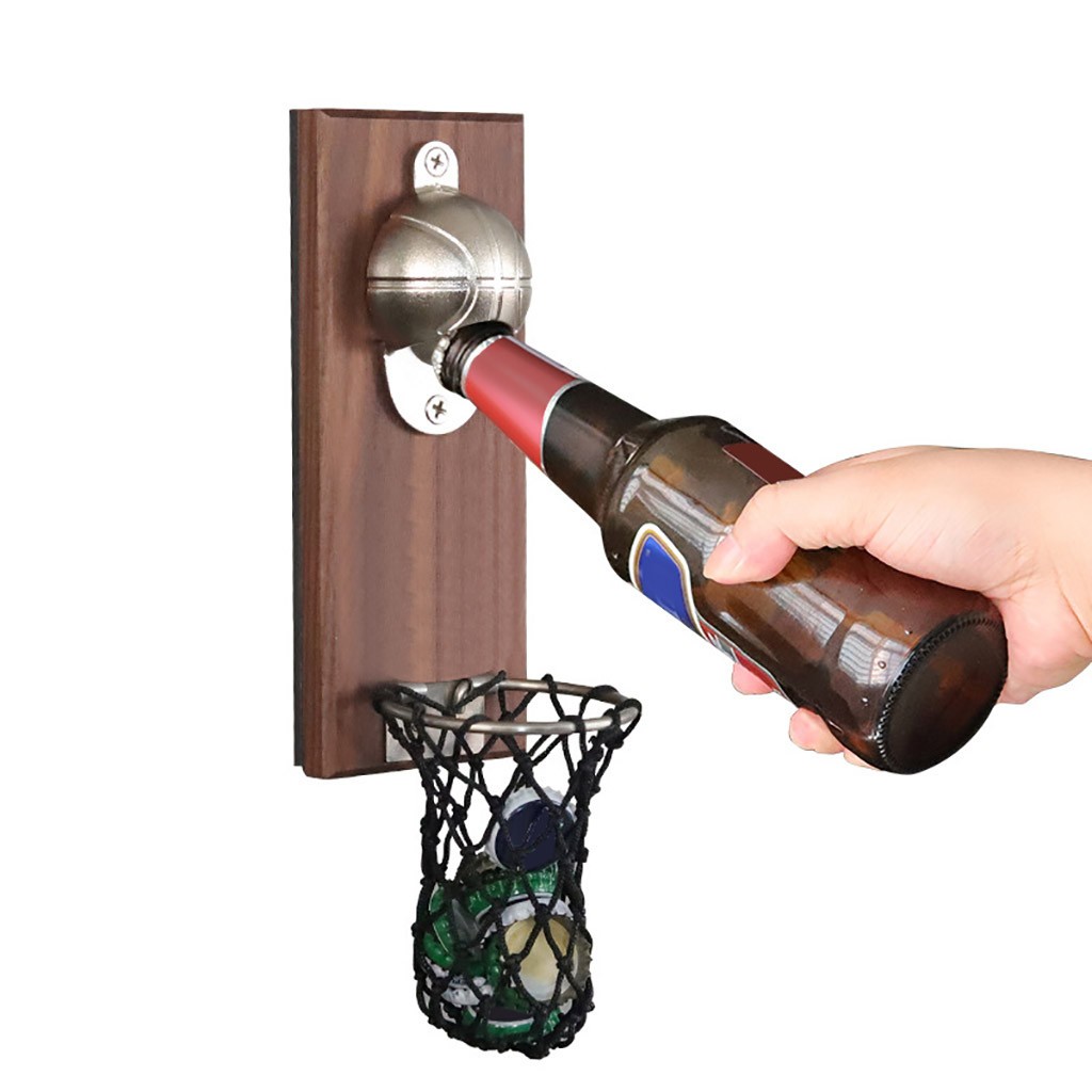 Bottle Opener Wall Mount Bottle Basketball Opener Embedded Magnetic Cap Catcher Solid Wood Fridge Bar Basketball Opener