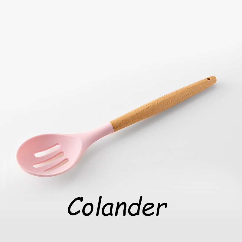 Roze Koken Keukengerei Tool Siliconen Keukengerei Set Met Houten Multifunctionele Handvat Non-stick Spatel Pollepel Ei Kloppers Schop: Colander