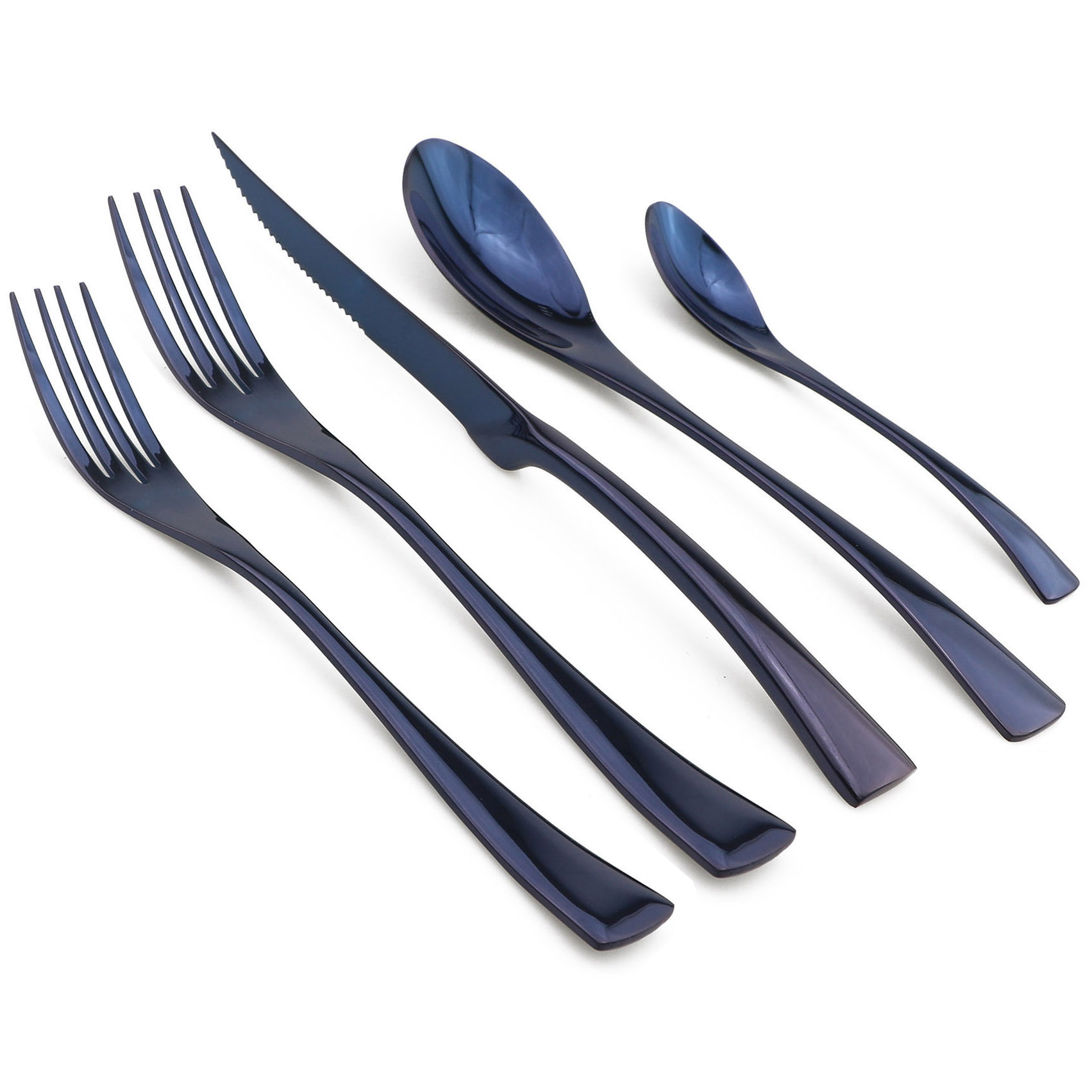 JANKNG 5-Pcs Silver Flatware Set 18/10 Stainless Steel Gold Dinnerware Serrated Knife Fork Spoon Cutlery Food Tableware: 1 set / Blue