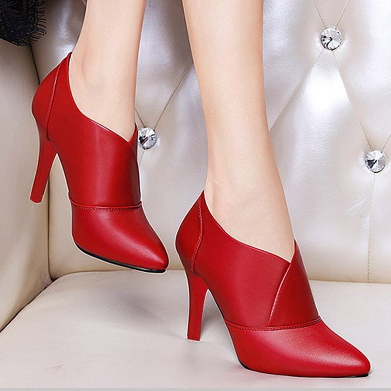 Botas Mujer – escarpins à talons hauts et fins pour femme, chaussures habillées à bout pointu, noires et rouges, 78L62, hiver
