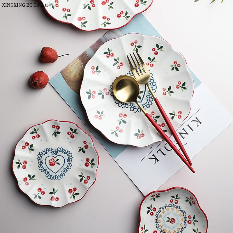 Hand-painted Cherry Ceramic Plate Household Tableware 10 Inch Plate Steak Plate Cute Fruit Plate Small Plate Tableware