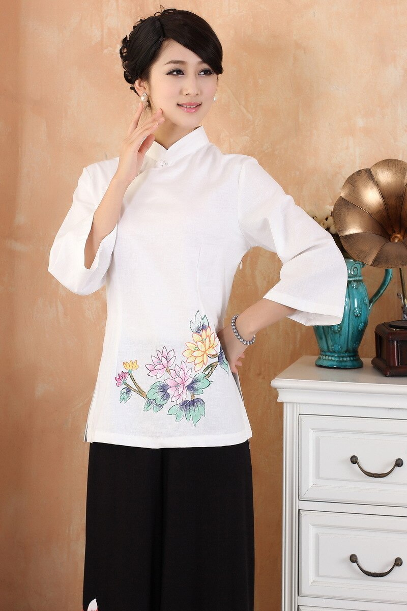 Nueva camisa de lino de algodón Casual a la para mujer, blusa Cheongsam china, blusas Qipao para mujer, camisa con cuello levantado con estampado de flores: M