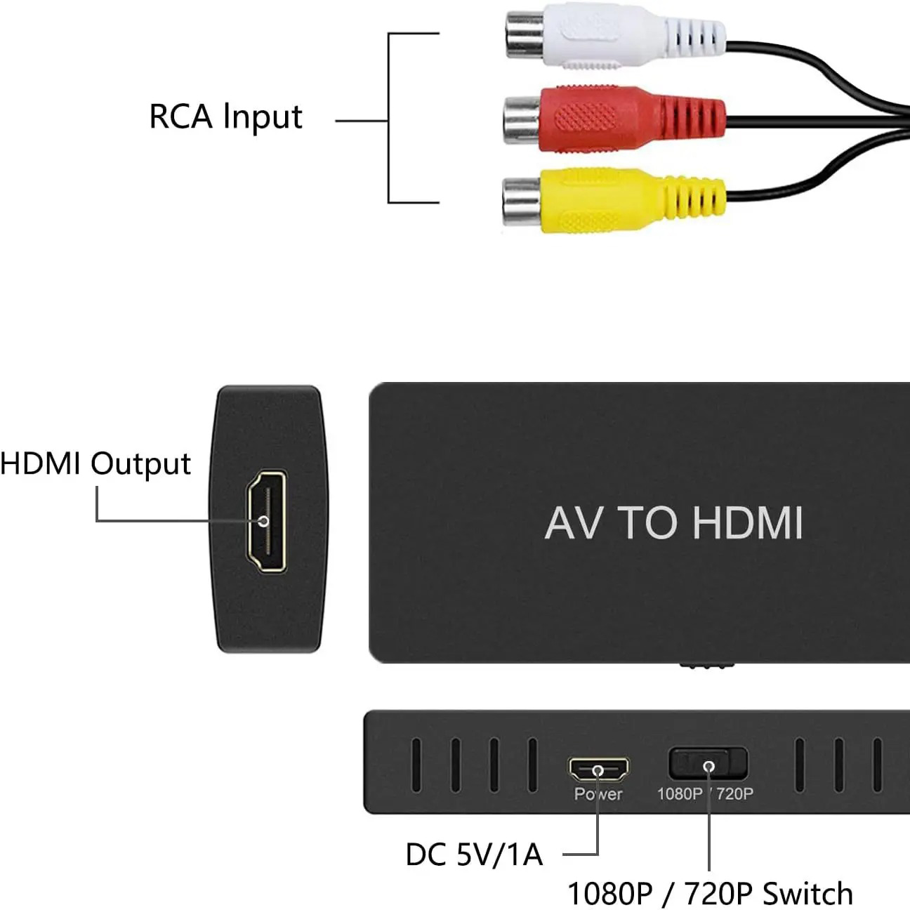 Adaptateur RCA vers HDMI, convertisseur AV vers HDMI, convertisseur Audio Vdieo compatible AV2HDMI, prise en charge pour boîtier TV DVD, prend en charge PAL/NTSC